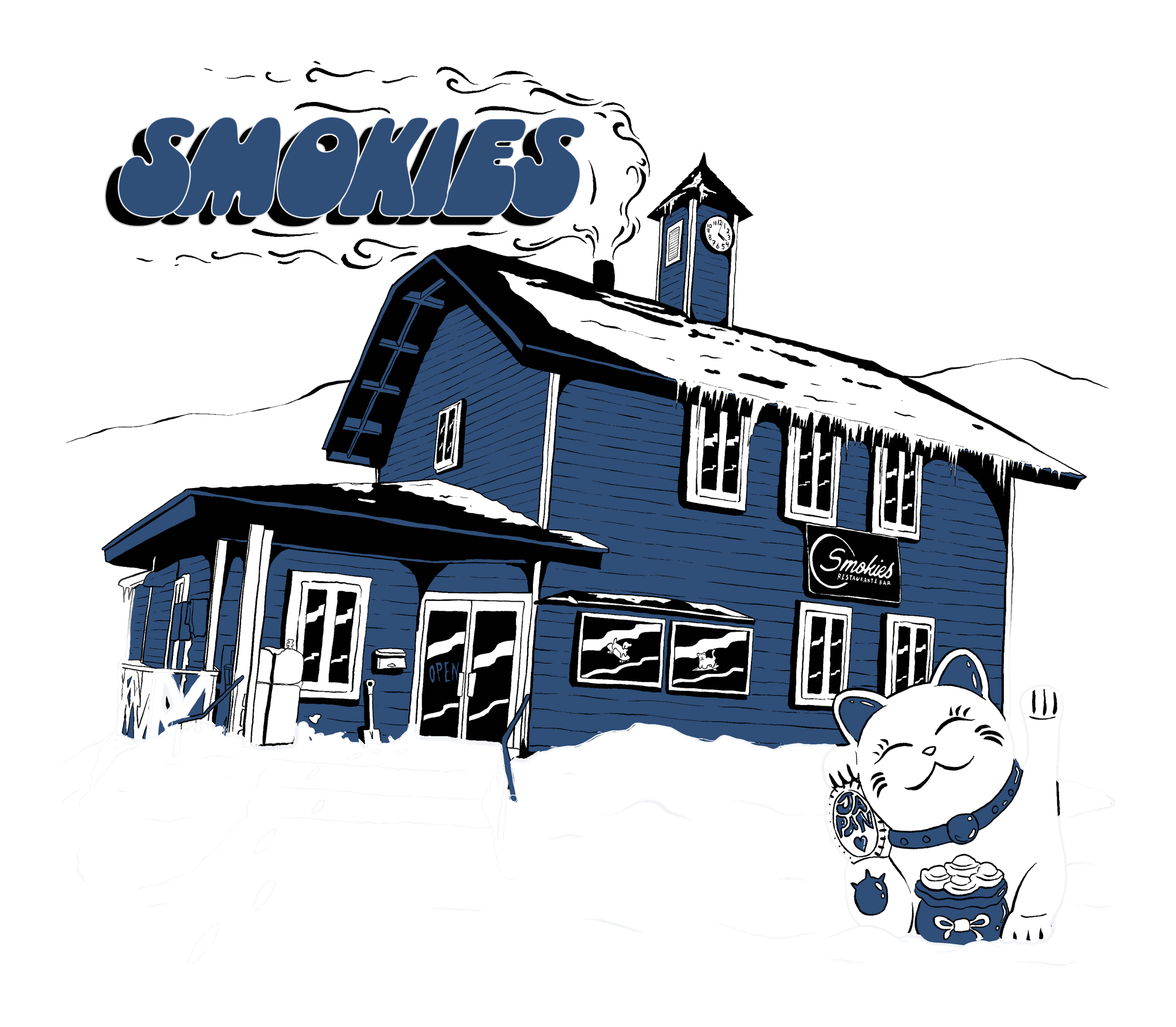 雪に包まれたSmokiesの建物と招き猫のイラスト